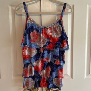 Women’s tank top. Bright blues, oranges, grey & white